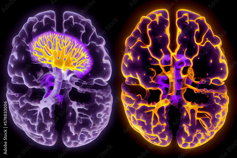 Aufkleber A before-and-after brain scan of an individual who has undergone neuroplasticity-based therapy, showing significant changes in brain structure and function. Generative AI technology.