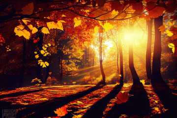 Beautiful autumn forest with colorful yellow red and orange leaves in sunlight.