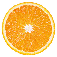 Slice half of orange citrus fruit isolated on white transparent background. Full depth of field.