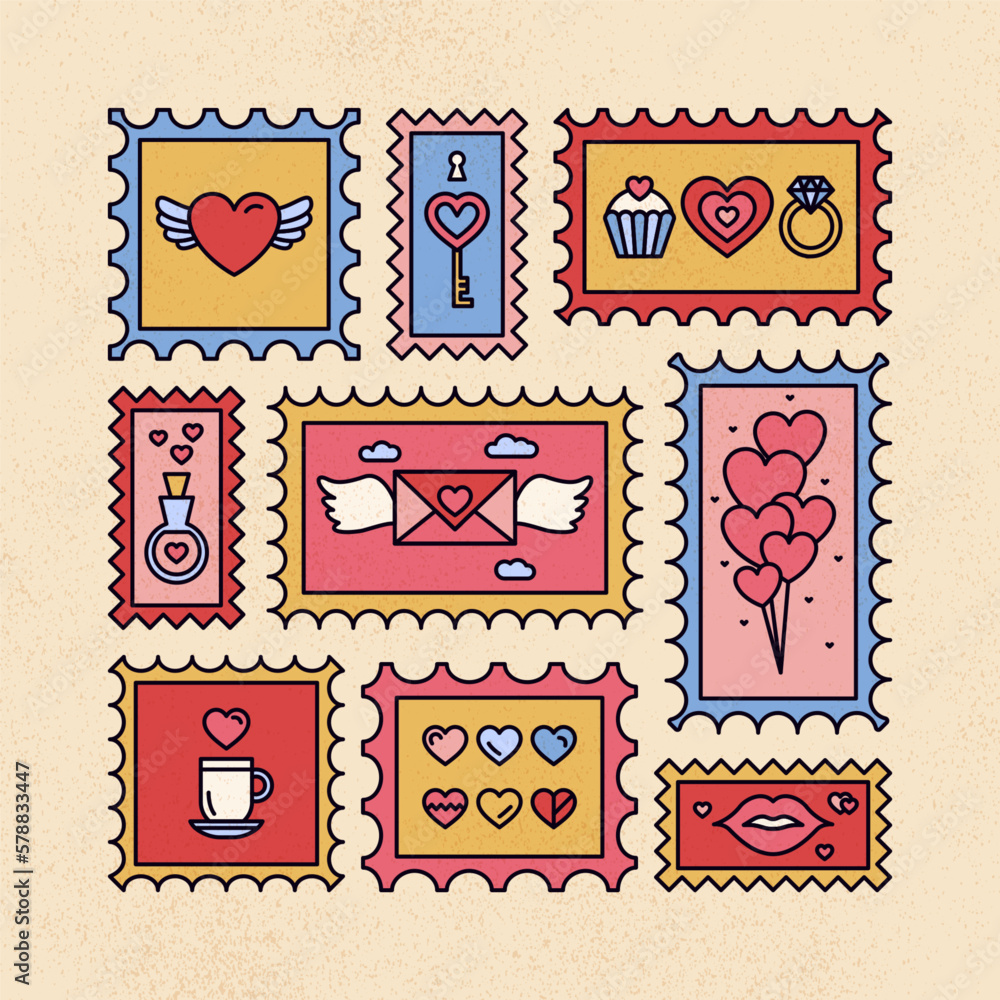 Sticker love valentine day postal stamps. vector illustration of happy wedding concept.