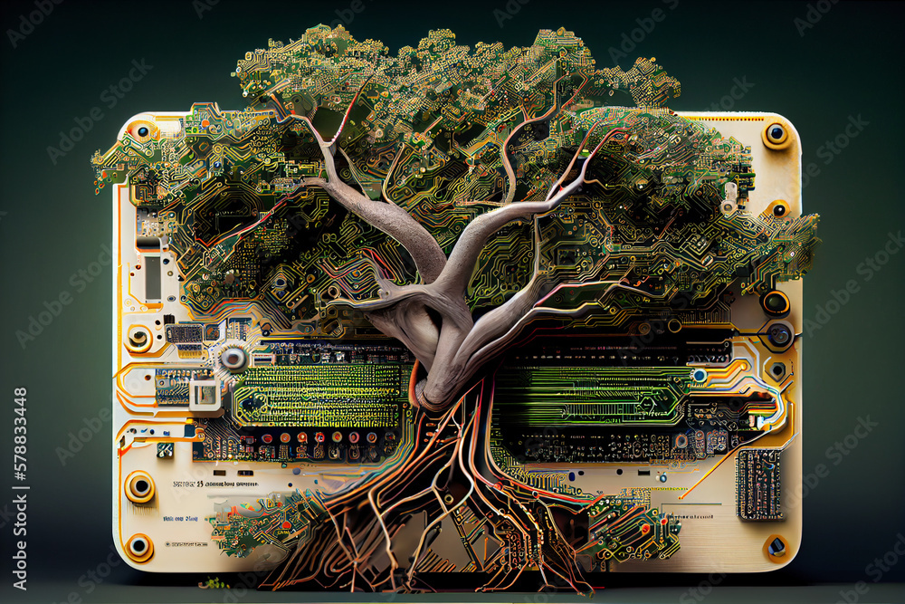 Poster a surrealist image combining elements of nature and technology, such as a tree growing out of a circ