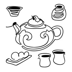 Chinese teapot and cups. A simple drawing with one continuous line.