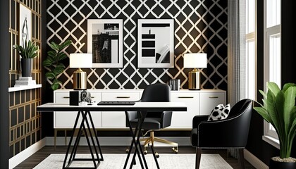A chic and sophisticated home office with a statement geometric wallpaper, a sleek glass desk, and modern black and white furniture. Text space generative ai