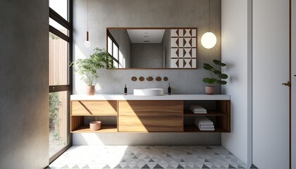 A minimalist bathroom with a concrete sink, a wooden vanity, and geometric tile. The mood is clean and modern generative ai
