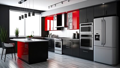 A sleek and modern black and white kitchen with glossy cabinets, stainless steel appliances, and pops of bright red accents. Text space generative ai