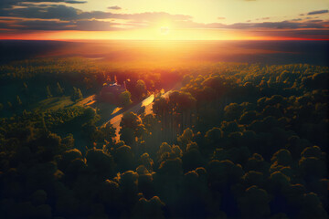 Bird's-eye view of a scenic sunset over the forest hills with toned dramatic colors.