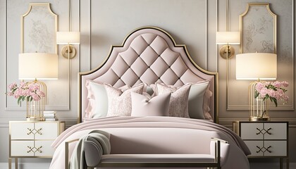 An elegant and glamorous Hollywood Regency style bedroom with a luxurious upholstered headboard, mirrored nightstands, and a soft pink and gold color scheme. Text space generative ai