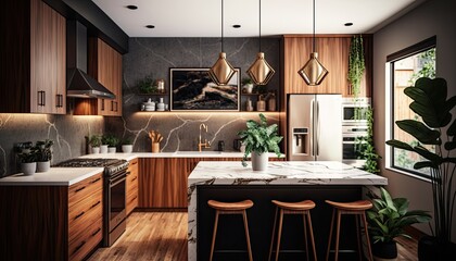 Modern kitchen interior design with a sleek marble countertop, stainless steel appliances, and pendant lights over the island. The space is accented with warm wood tones and plants generative ai - obrazy, fototapety, plakaty
