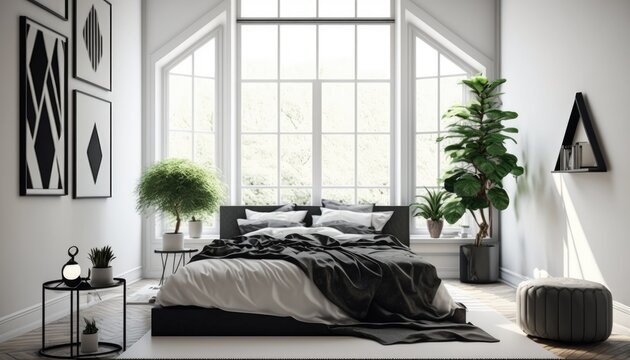 Minimalist bedroom interior with a platform bed, black and white decor, and geometric accents. The space is bright and airy with large windows generative ai