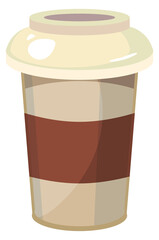 Coffe in disposable cup. Cartoon takeaway hot drink