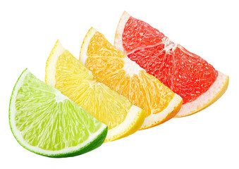 Sliced colorful citrus fruit - lime, lemon, orange and grapefruit isolated on transparent background