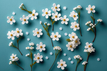  Flat lay creative summer and spring flowers concept, on blue background. Beautiful white flowers bloomed. Illustration. Generative AI
