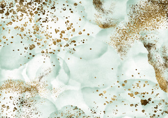 Green Watercolor textured background with golden glitter, luxury