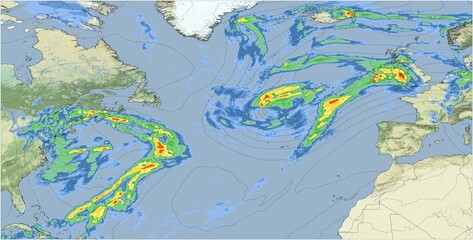 El mapa meteorológico muestra una tormenta en el Océano Atlántico. Los datos de precipitación se representan mediante gradientes de color.  - obrazy, fototapety, plakaty
