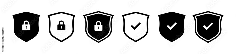 Poster Set of security shield icons, security shields logotypes with check mark and padlock. Security shield symbols. Vector illustration 10 eps.