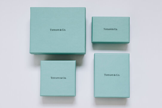 Tiffany boxes of different shapes and sizes: Ukraine, Kiev - October 19, 2016.