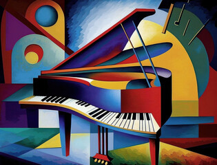 Colorful abstract collage illustration of a grand piano. Created with Generative AI technology.   