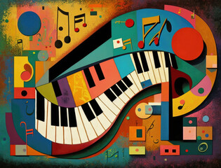 Colorful, geometric collage of an abstract music keyboard. Illustration created with Generative AI technology.   - obrazy, fototapety, plakaty