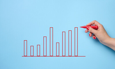 Graph with growing indicators and a female hand with a marker on a blue background. The concept of successful sales in business, inflation and rising prices