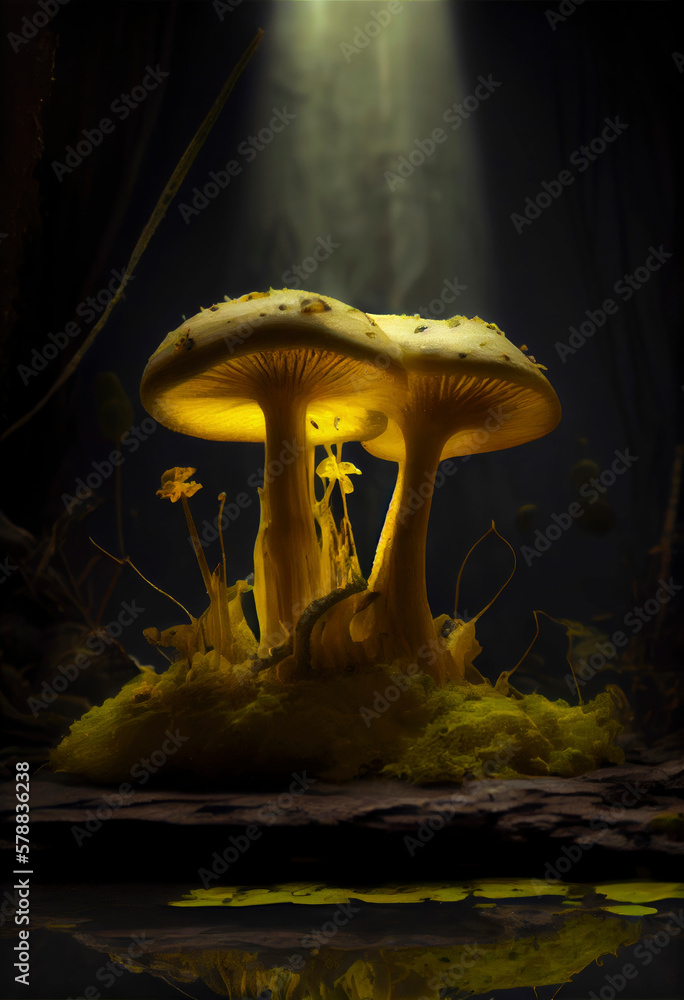 Aufkleber glowing mushroom with fireflies in the magic forest ,made with generative ai