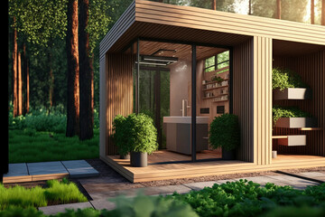 Fototapeta na wymiar Outdoor sauna cabin in nature with green garden ,made with Generative AI