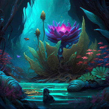 Beautiful alien forest with fantasy plants ,made with Generative AI