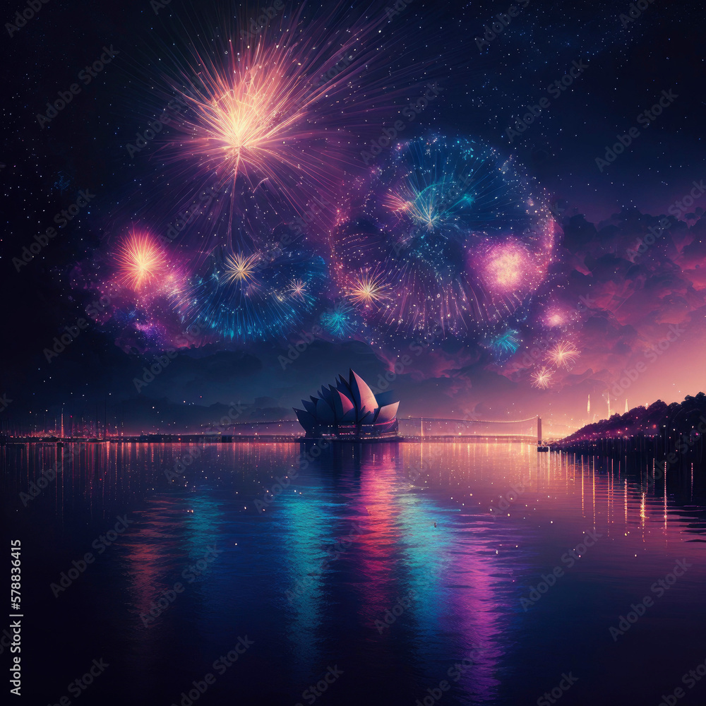 Poster a colorful fireworks display is reflected in a lake at night with a reflection of the sky in the wat