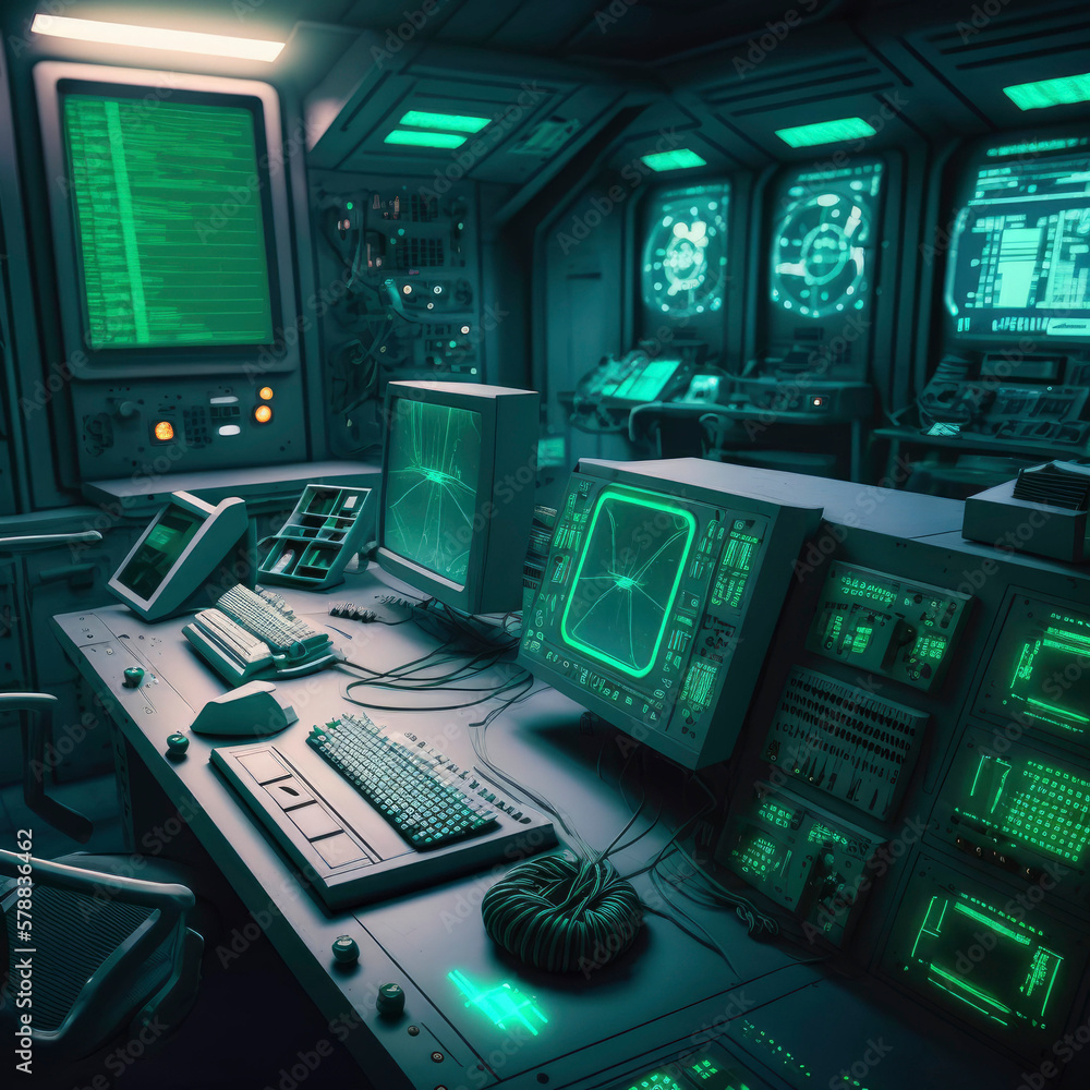 Poster cyberpunk image style, control room in a futuristic space ship, intricate details, with screens and 
