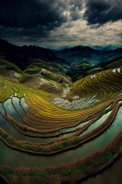 View from Above of a Terraced Rice Field in Bandung, West Java, Indonesia, Asia ,made with Generative AI