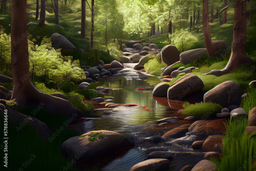 Poster flowing stream, surrounded by lush green trees and blooming flowers. generative ai technology.
