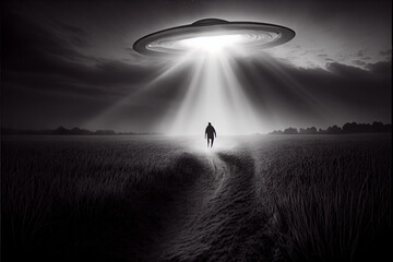 UFO performing an abduction on the moors, generative ai,  b/w