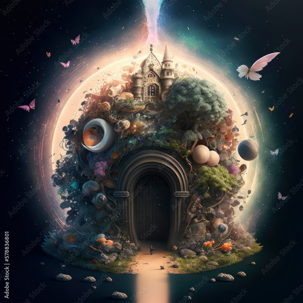 Poster magic imaginary world full with color and happiness ,made with generative ai