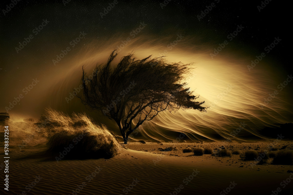 Poster a sand storm in the desert at night with big tree ,made with generative ai