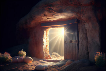 Empty tomb at sunrise. Easter concept ,made with Generative AI