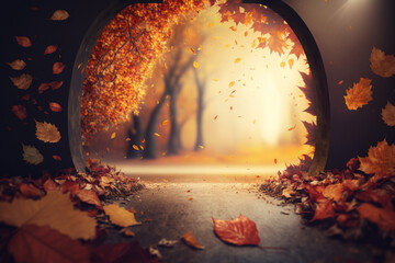 Autumn fall with falling orange leaves on the background. Illustration AI Generative