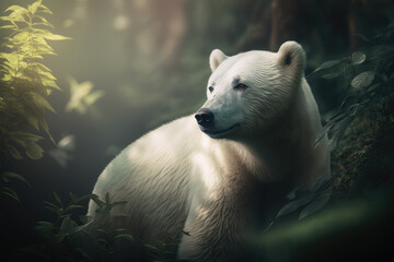 Obraz na płótnie Canvas Arctic bear in the jungle, tropical and arctic concept art, animal in an unfamiliar environment, rainforest illustration, surreal generative ai