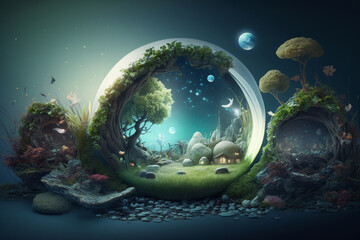 Fairytale natural green environment background. Illustration AI Generative