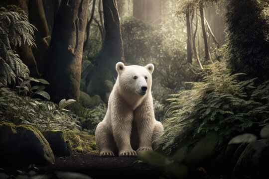Arctic bear in the jungle, tropical  and arctic concept art, animal in an unfamiliar environment, rainforest illustration, surreal generative ai