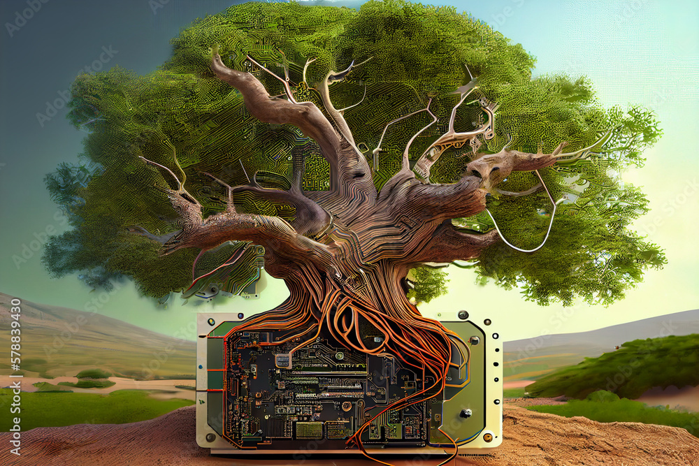 Poster a surrealist image combining elements of nature and technology, such as a tree growing out of a circ