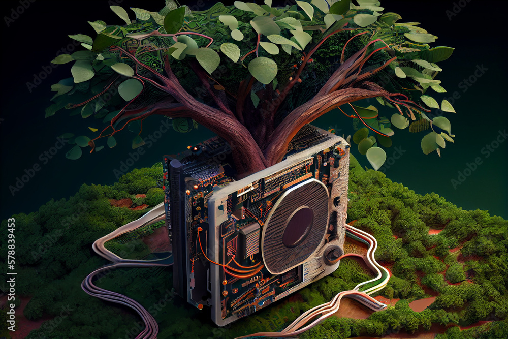 Poster A surrealist image combining elements of nature and technology, such as a tree growing out of a circuit board,  Generative AI technology.