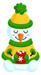 Cozy snowman with hot cocoa cup. Happy winter drink