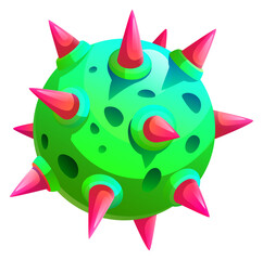 Green planet with red thorns. Space cartoon asteroid