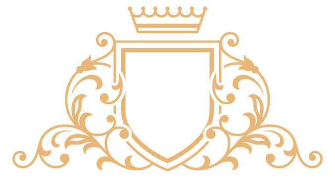 Crowned shield emblem template with floral golden ornament