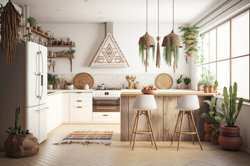 Contemporary empty home interior kitchen boho style, concept of Minimalism and Bohemian Chic, created with Generative AI technology © RealPeopleStudio