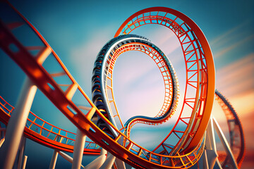 A picture of a rollercoaster or other thrill ride, with loops, drops, and twists that convey a sense of excitement and adrenaline. Generative AI technology	 - obrazy, fototapety, plakaty