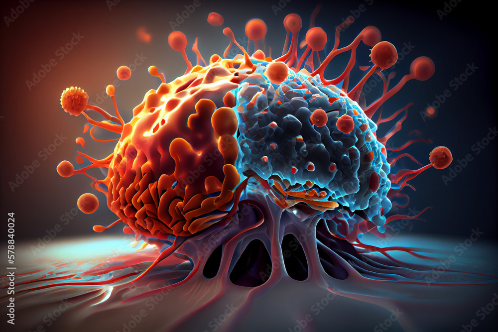 Poster depicting cancerous cells invading and attacking healthy brain tissue, showing the destructive natur
