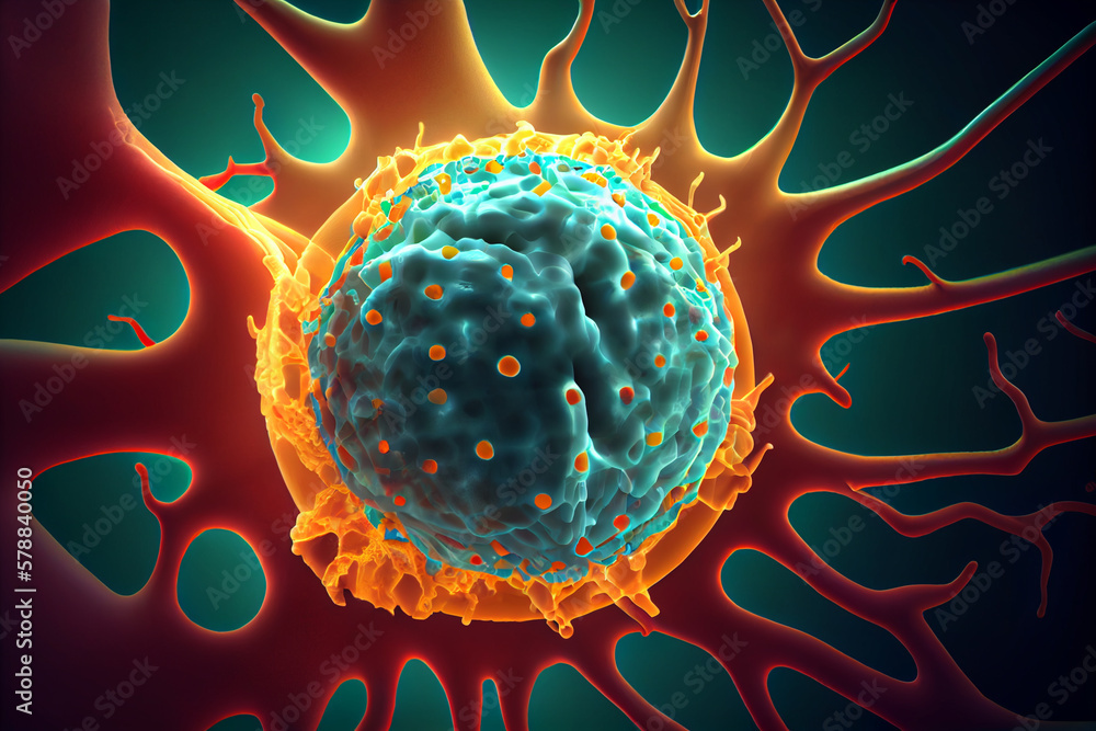 Poster depicting cancerous cells invading and attacking healthy brain tissue, showing the destructive natur