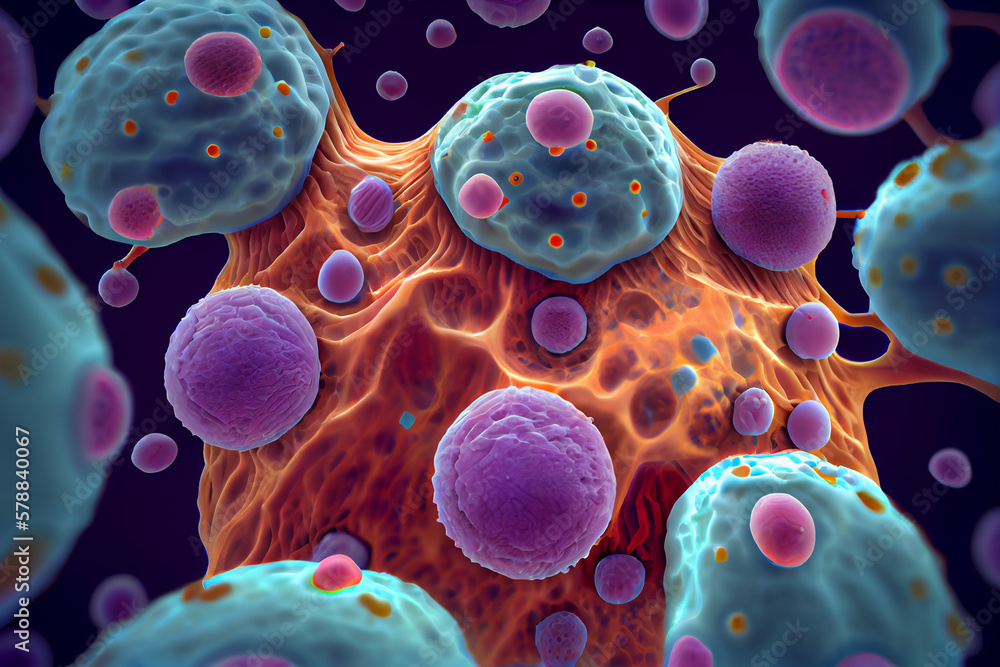 Poster depicting cancerous cells invading and attacking healthy brain tissue, showing the destructive natur
