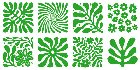 Abstract floral patterns in retro-modern style with botanical illustration in green. Matisse's drawing aesthetics