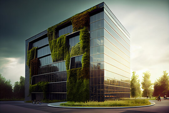 office building with a green facade, such as a living wall or vertical garden, highlighting the company's commitment to sustainability and eco-friendliness.
